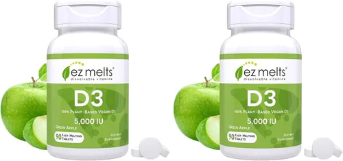 Vista 12 de EZ Melts D3, 5000 IU, vitaminas solubles, cero azúcar, sabor natural a manzana, libre de GMO, pastillas de disolución rápida, salud ósea e