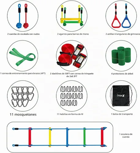 Vista 8 de Dripex Carrera de obstáculos Ninja Warrior para niños, líneas de holgura de 2 x 50 pies para patio trasero con 8 accesorios ninja, barra de mono