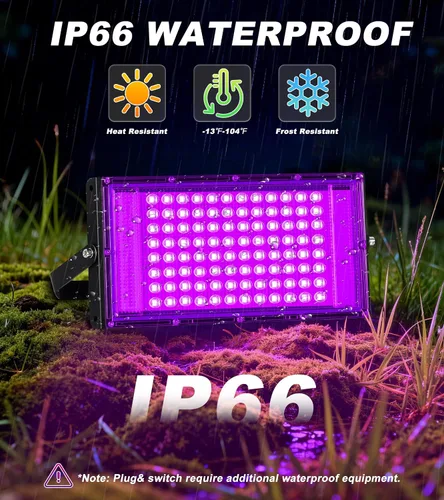 Vista 2 de Luz LED Negra de 100W IP66 Impermeable, Reflector de Luz Negra para Exteriores con Enchufe+Interruptor+Cable, para Halloween, Neón que Brilla