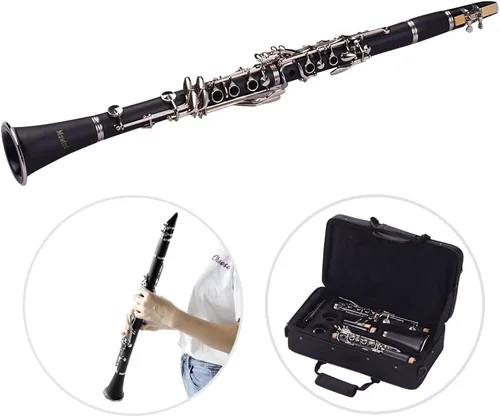 Vista 2 de Clarinete plano Bb para principiantes, clarinete para estudiantes de 17 teclas con 2 barriles y estuche kit completo de inicio para adultos, banda