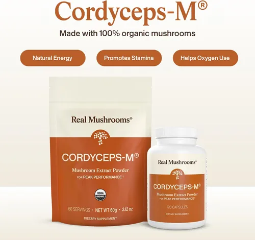 Vista 2 de Real Mushrooms Polvo de Hongos Cordyceps - Polvo de Cordyceps Orgánico Apoyo para Energía y Bienestar de Hongos - Rico en Beta Glucanos - Suplemento