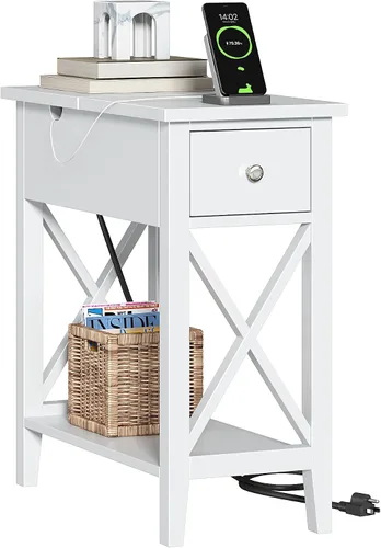 Vista 18 de ChooChoo Mesa auxiliar, mesa auxiliar estrecha abatible con estación de carga Narrow Side Table with USB Ports and Outlets, Nightstand with