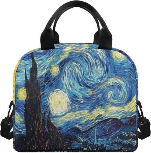 Vista 2 de doginthehole Bolsa de almuerzo de noche estrellada para mujeres y niñas, bolsa de almuerzo con correa ajustable para el hombro con estampado