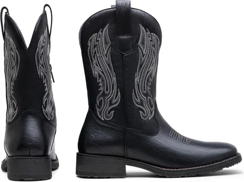 Vista 4 de Jousen Botas Vaqueras para Hombres con Bordado, Botas Occidentales Retro de Punta Cuadrada para Hombre, Botas Vaqueras Para Hombre