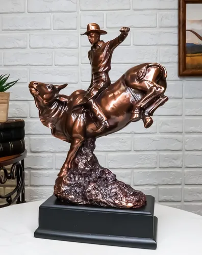 Vista 8 de Ebros - Estatua de vaquero de Bull Rider en Bucking Bull Rider en acabado de bronce sepia galvanizado, del viejo mundo, del salvaje oeste, ganado