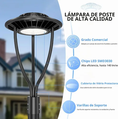 Vista 4 de Luz de poste LED con fotocélula, 60 W, 48 W, 36 W, luces superiores