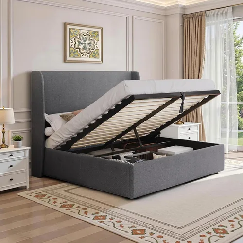 Vista 9 de PaPaJet Cama de Almacenamiento con Elevación Tamaño Queen, Marco de Cama Plataforma Tapizada con Almacenamiento Hidráulico/Cabecera Moderna Gris