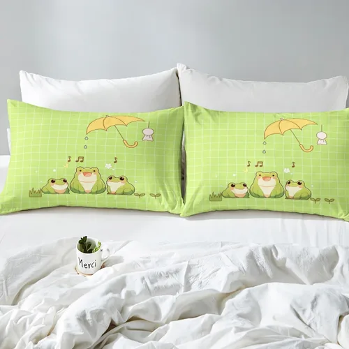 Vista 5 de Castle Fairy Juego de ropa de cama con diseño de rana, tamaño individual, funda de edredón de animales verdes de dibujos animados para niños