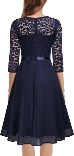 Vista 2 de MISSMAY Vestido de fiesta de dama de honor formal con encaje en V vintage para mujer