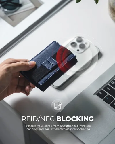 Vista 5 de VULKIT Cartera minimalista de cuero con bloqueo RFID triple con banda elástica, soporte delgado para tarjetas de crédito con 3 ventanas