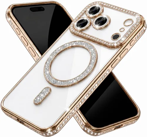 Vista 10 de Funda magnética con purpurina y diamante para iPhone 11 [Compatible con MagSafe] Protector de lente de cámara con brillo de strass, placa de cristal