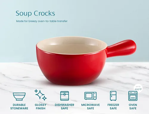 Vista 5 de Kook Cuencos de sopa de cebolla francesa, cuencos de cerámica apilables con asas, aptos para horno, microondas y lavavajillas, para cereales, sopas