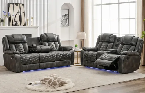 Vista 11 de Sofá reclinable manual con cargador inalámbrico para sala de estar, 3 plazas eléctrico de cuero con reclinable, juego de sofá reclinable de 3