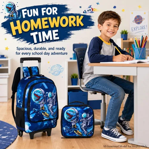 Vista 7 de Mochila rodante para niñas y niños, juego de 3 piezas con ruedas de diseño de unicornio o dinosaurio Dinosaurio astronauta.