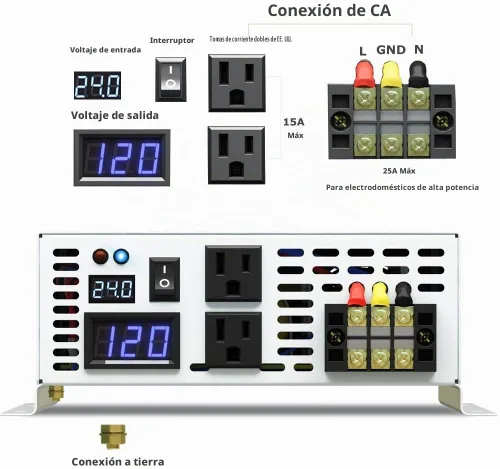 Vista 5 de WZRELB 3000W 24V Inversor de onda sinusoidal pura de energía solar DC a convertidor de CA de 110V (RBP300024W)
