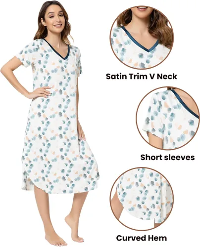 Vista 4 de NACHILA Camisones para mujer, viscosa hecha de bambú, cuello en V, manga corta, ropa de dormir fresca