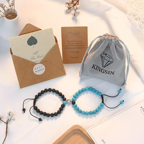 Vista 6 de KINGSIN - Juego de pulseras magnéticas de atracción mutua para parejas, brazaletes de ágata mate, dije de voto de amor eterno, ajustables, joyería