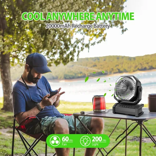 Vista 6 de AddAcc Ventilador de camping recargable de 20000mAh - Ventilador operado por batería con luz y control remoto, oscilación automática, temporizador