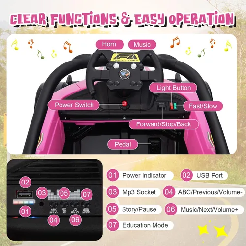 Vista 4 de HONEY JOY Go Kart eléctrico de carreras F1 alimentado por batería, con luz y música, suspensión de resorte, puerto USB, velocidad altabaja, vehículo