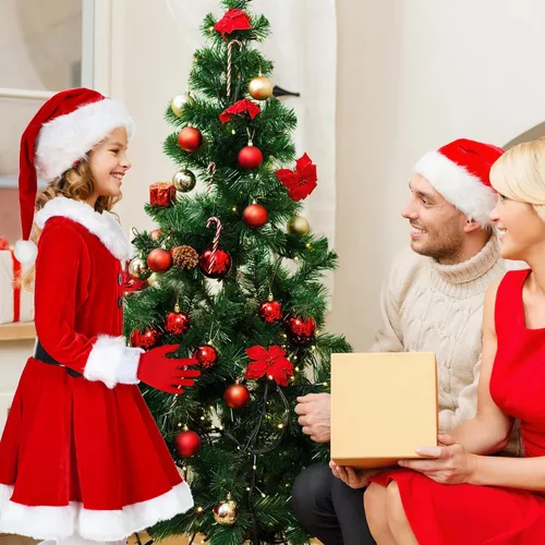 Vista 6 de Xtinmee Juego de 4 piezas de disfraz de Papá Noel para niñas, vestido de Papá Noel rojo, sombrero de Navidad y guantes de piel, pantimedias