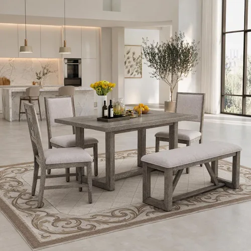 Vista 10 de Juego de mesa de comedor de 6 piezas con banco y 4 sillas Negro Beige-1