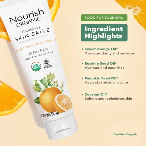 Vista 5 de Nourish Organic Crema nutritiva para la piel, naranja dulce y rosa mosqueta, sin OMG, libre de crueldad, certificado orgánico por USDA (3 onzas)