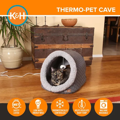 Vista 4 de K&H Pet Products Cama térmica para gatos, cueva térmica para gatos grandes, cama climatizada para mascotas para perros y gatos, tienda de campaña