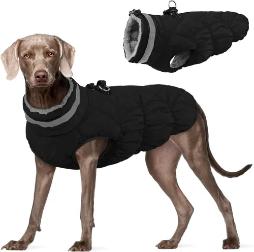 Vista 45 de Abrigo para perro, chaqueta cálida de invierno, acolchada, de vellón, chaleco reflectante con arnés, chaqueta de nieve impermeable con cremallera, a