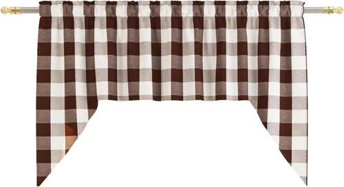 Vista 145 de Cenefas de cortina para ventana de 16 pulgadas de largo, 2 paneles de cuadros búfalo, cortinas pequeñas con bolsillo para barra, estilo clásico