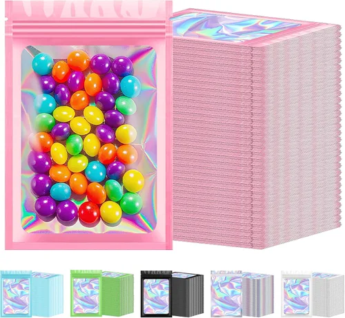 Vista 8 de 300 bolsas holográficas de Mylar a granel, bolsas resellables a prueba de olores con ventana transparente, bolsa de aluminio para pequeñas empresas