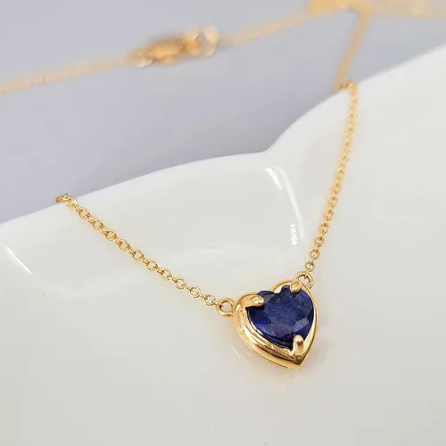 Vista 16 de 18K Solid Yellow Gold Genuine Gemstone Choker Necklace, 15 inches Chain Pendant Dainty Necklace gift for her