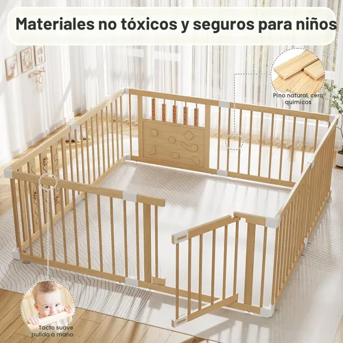 Vista 5 de Parque infantil de madera para bebés con puerta de seguridad, patio grande de 64 "x 64" para bebés Natural Pine Wood Playpen with Built-in Toys