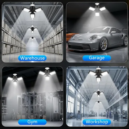 Vista 6 de 4 paquetes de luces LED para garaje, 60 W, luz de techo de garaje deformable, 8000 lm, E26, luces de sótano con 3 paneles LED ajustables, se adapta