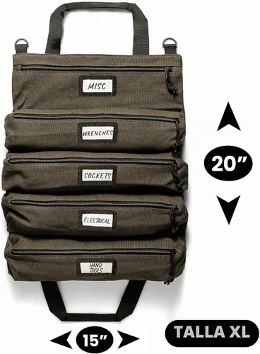 Vista 2 de Bolsa enrollable de herramientas oficial Voyager – Bolsa enrollable de 5 bolsillos fácil de transportar – Lona duradera de 20 onzas, cremalleras YKK