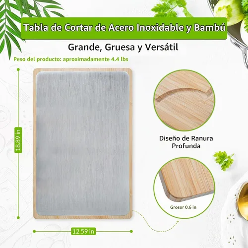 Vista 6 de GR Kraft - Tablas de cortar de doble cara de acero inoxidable y bambú, no tóxicas, duraderas, con diseño apto para cuchillos, sin microplásticos