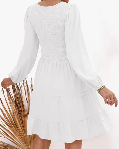 Vista 5 de ZESICA Minivestido casual con cuello en V y manga larga fruncida y cintura alta fruncida con volantes en línea A