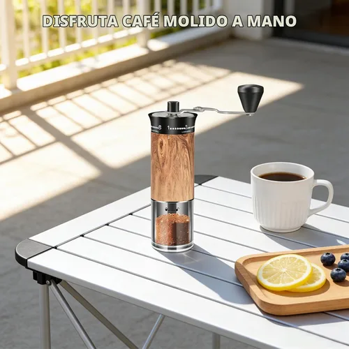 Vista 8 de Molinillo de café manual con 56 ajustes precisos de molienda externamente ajustable, mango largo plegable, cuerpo de grano de madera y rebabas