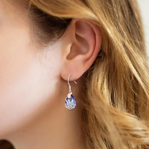 Vista 4 de Aretes de loto de plata de ley 925 con diseño de loto, aretes colgantes de loto azul zafiro, regalo de joyería para mujeres y niñas, Plata de ley