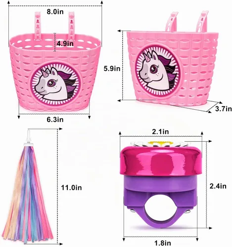 Vista 3 de Cesta de bicicleta para niñas, cesta de bicicleta para manillar con campana, serpentinas, calcomanías, gafas de sol para montar, accesorios
