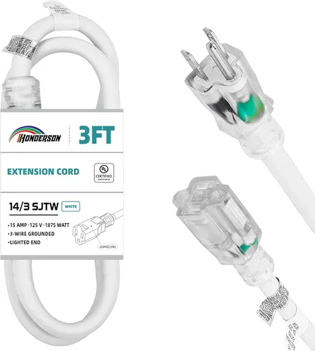 Vista 8 de Cable de extensión resistente a la intemperie con extremo iluminado, certificado UL, calibre 10, 3 pies, color blanco, 3 clavijas, resistente, cable