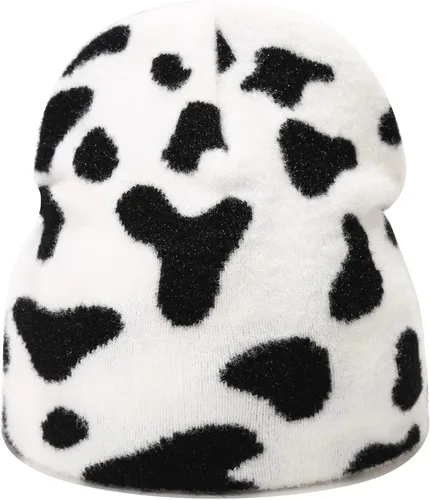 Vista 2 de Gorro de invierno con estampado de vaca, diseño de animales, doble capa, color blanco