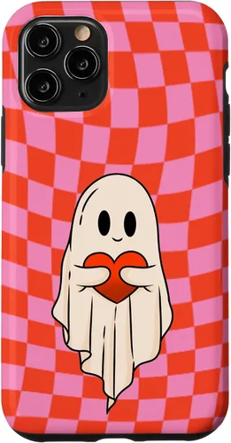 Vista 29 de Funda para iPhone 17 de San Valentín Retro Ghost Hugging Heart Checkerboard Rosa Rojo