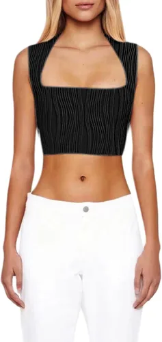 Vista 2 de Remidoo Camiseta sin mangas con cuello cuadrado para mujer, ajustada, básica, ombliguera