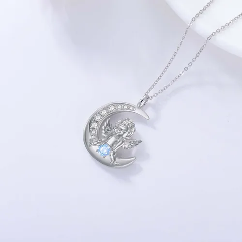 Vista 5 de KQF Collar de libélulacolibríerizobúhosobriedadalas de ángel, collar de luna de plata de ley, regalo de libélula para amantes de la libélula