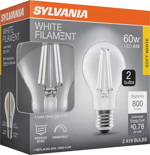 Vista 3 de Sylvania - Bombilla de filamento LED transparente A19, 6.5 W, regulable, 800 LMS, base media, 2700 K, blanco suave, paquete de 2 (42170)