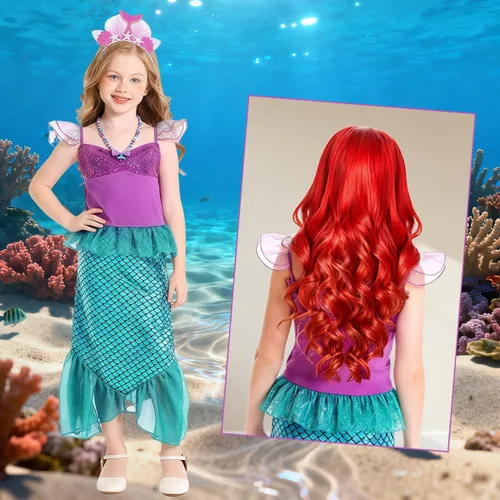 Vista 7 de ALIZIWAY Disfraz de sirena para niñas, Ariel, princesa, cumpleaños, Halloween, cosplay, con accesorios para peluca