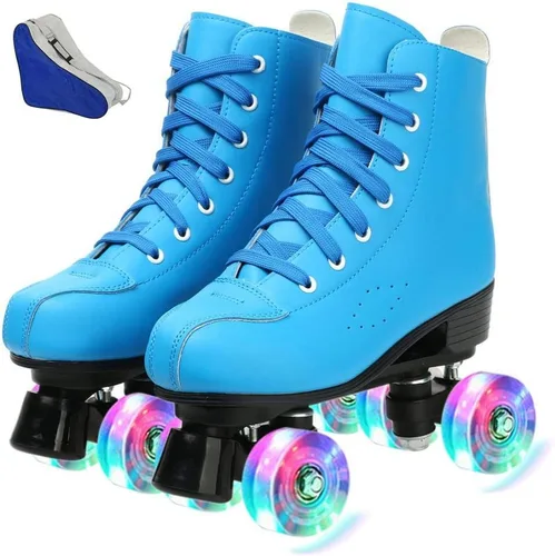 Vista 13 de XUDREZ Patines de ruedas para mujeres y hombres, brillantes, de doble fila, cuatro ruedas, patines para mujer con bolsa de zapatos