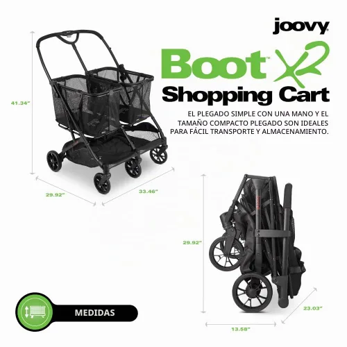 Vista 7 de Joovy Carrito de compras Boot X2 con capacidad de peso total de 122 libras, bolsas extraíbles dobles, neumáticos giratorios para una fácil
