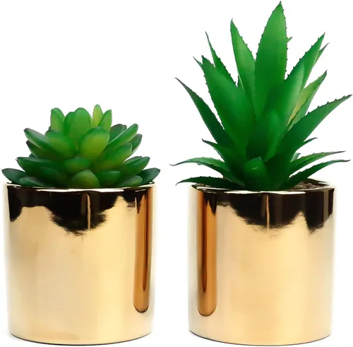 Vista 9 de Plantas artificiales suculentas de imitación de 7 y 5 pulgadas en macetas para decoración del hogar, juego de 2 macetas doradas