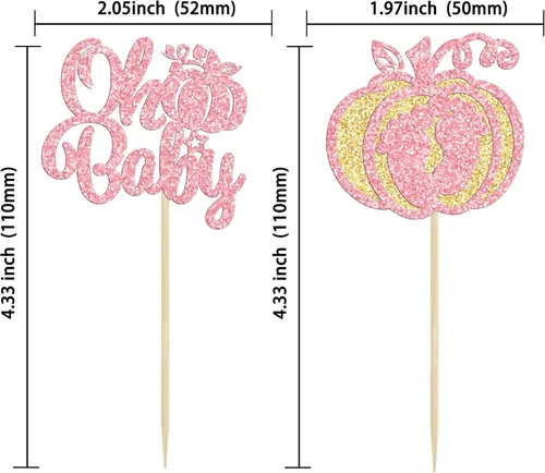 Vista 2 de Gyufise 24 adornos para cupcakes de calabaza rosa, decoración de pastel de baby shower, decoración para baby shower con temática de calabaza
